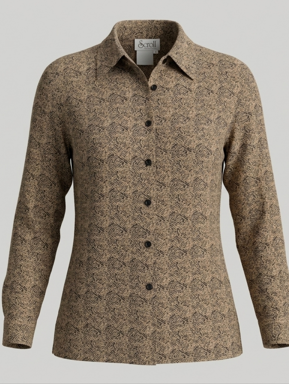 Vintage Script 100% Silk Women's Tan And Black Casual Button Down Shirt Size 6